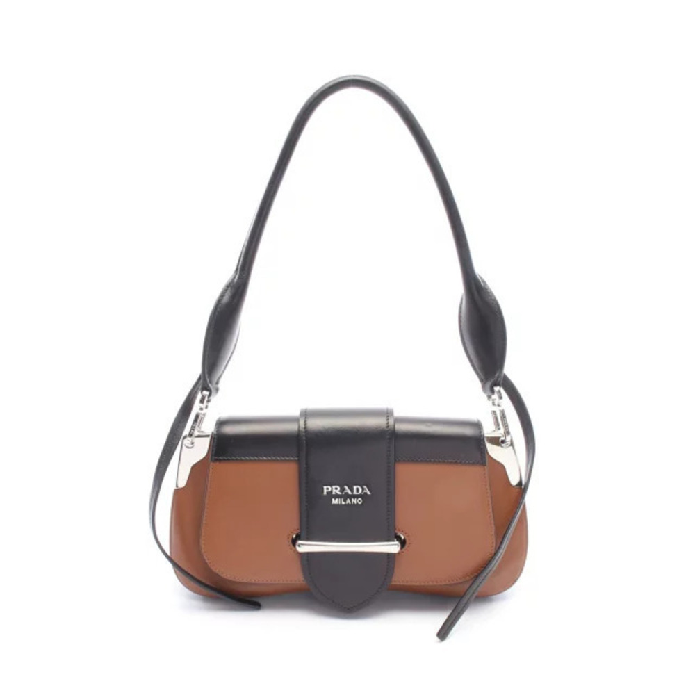 Prada CITY CALF Shoulder Bag Leather Brown Black